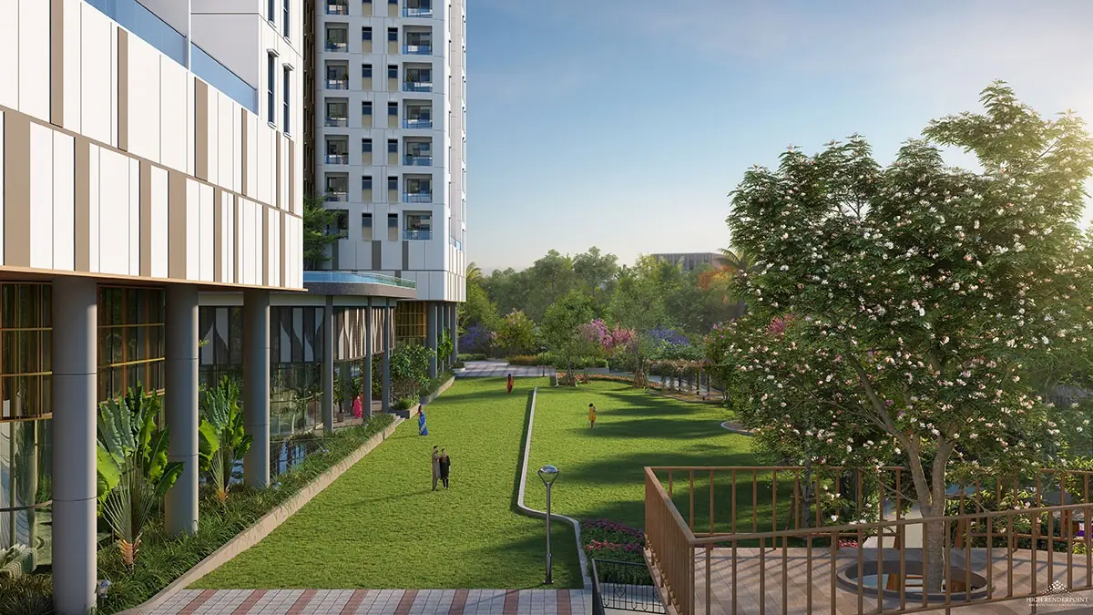 Sattva Aaranya clubhouse opening onto the landscaped podium